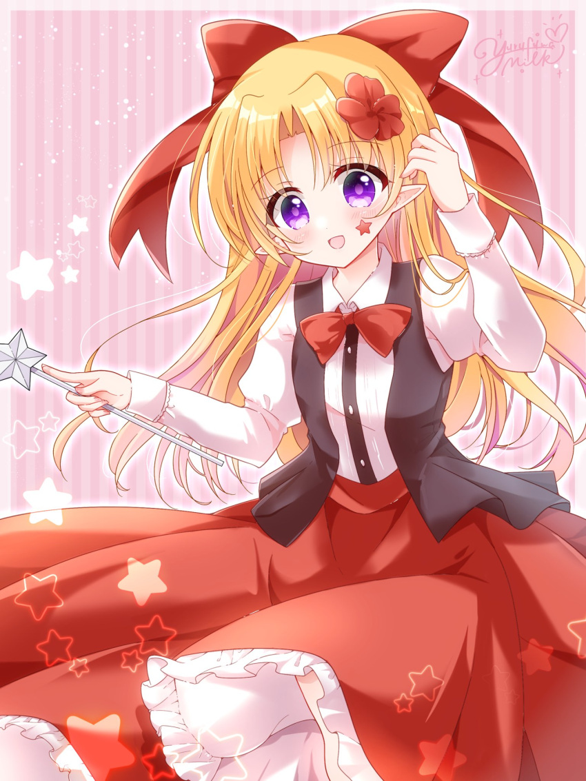 1girl, bangs, black_vest, blonde_hair, bow, bowtie, collared_shirt, commentary_request