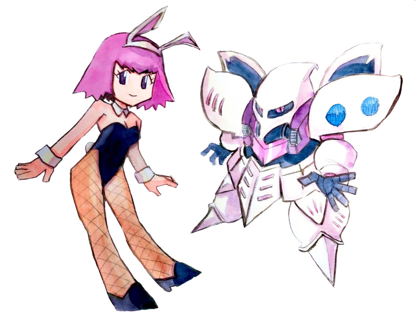 1girl, animal_ears, black_legwear, black_leotard, chibi, fake_animal_ears, fishnets, gundam