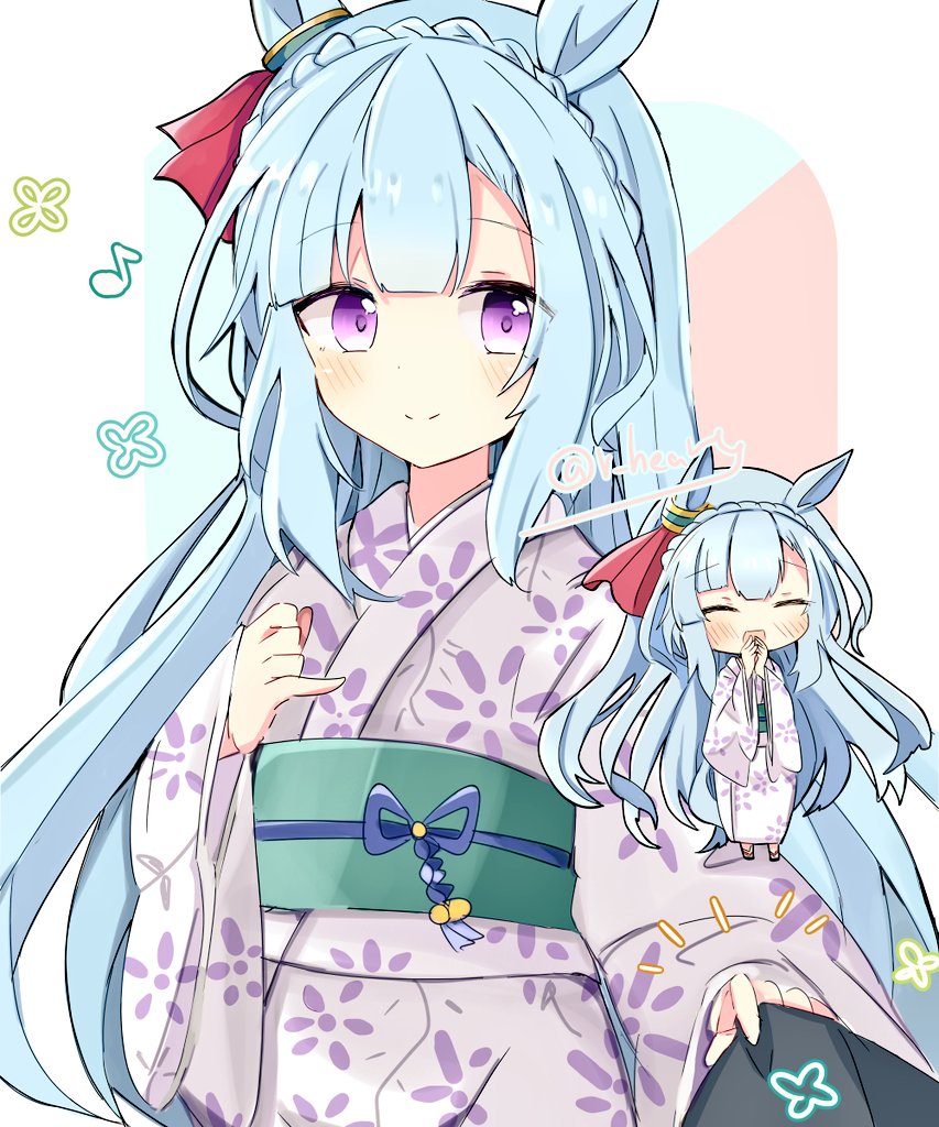 1girl, alternate_costume, animal_ears, azukimame, blue_hair, blush, chibi, closed_eyes