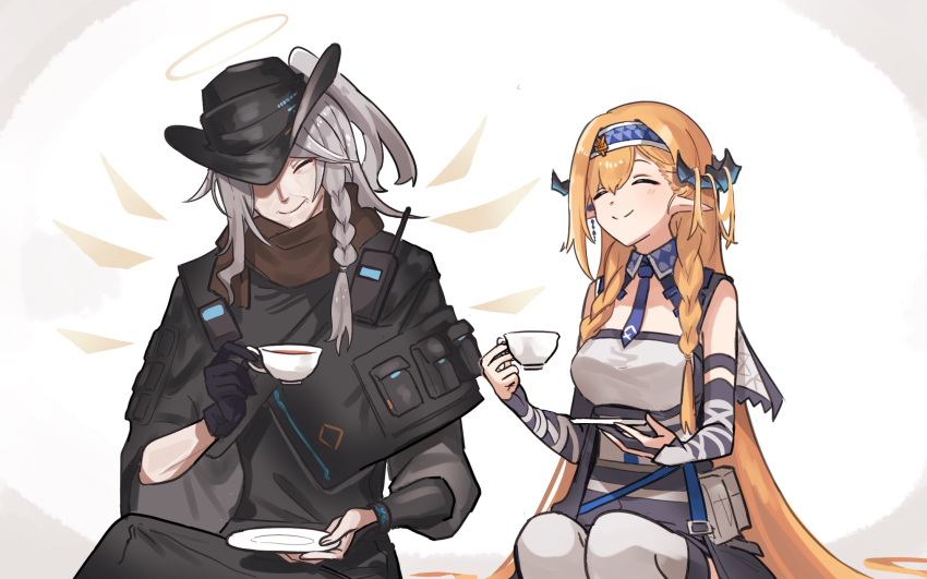 2girls, ^_^, arknights, arm_strap, bare_shoulders, black_capelet, black_gloves, black_headwear, blonde_hair, blue_hairband, blue_necktie, braid, breasts, capelet, closed_eyes, cup, gloves, grey_hair, hairband, halo, head_tilt, highres, holding, holding_cup, horns, infection_monitor_(arknights), large_breasts, long_hair, mabing, multiple_girls, necktie, outcast_(arknights), pointy_ears, ponytail, saileach_(arknights), shirt, single_braid, single_glove, sitting, teacup, white_legwear, white_shirt