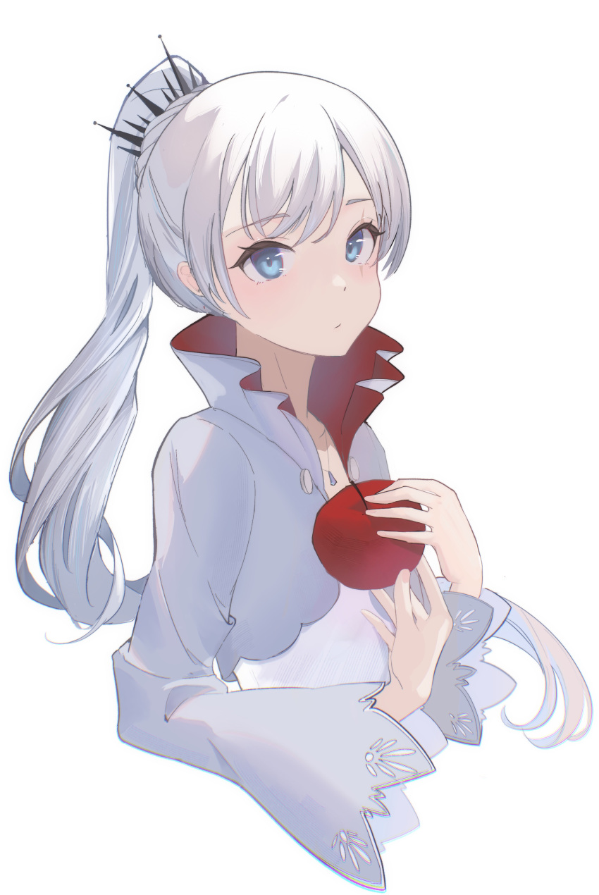 1girl, :/, absurdres, apple, bangs, blue_eyes, blush, closed_mouth, cropped_jacket, cropped_torso, english_commentary, eyebrows_visible_through_hair, food, fruit, hair_ornament, highres, holding, holding_food, holding_fruit, jewelry, long_hair, looking_at_viewer, mican12996453, necklace, ponytail, rwby, scar, scar_across_eye, shirt, simple_background, solo, tiara, upper_body, weiss_schnee, white_background, white_shirt