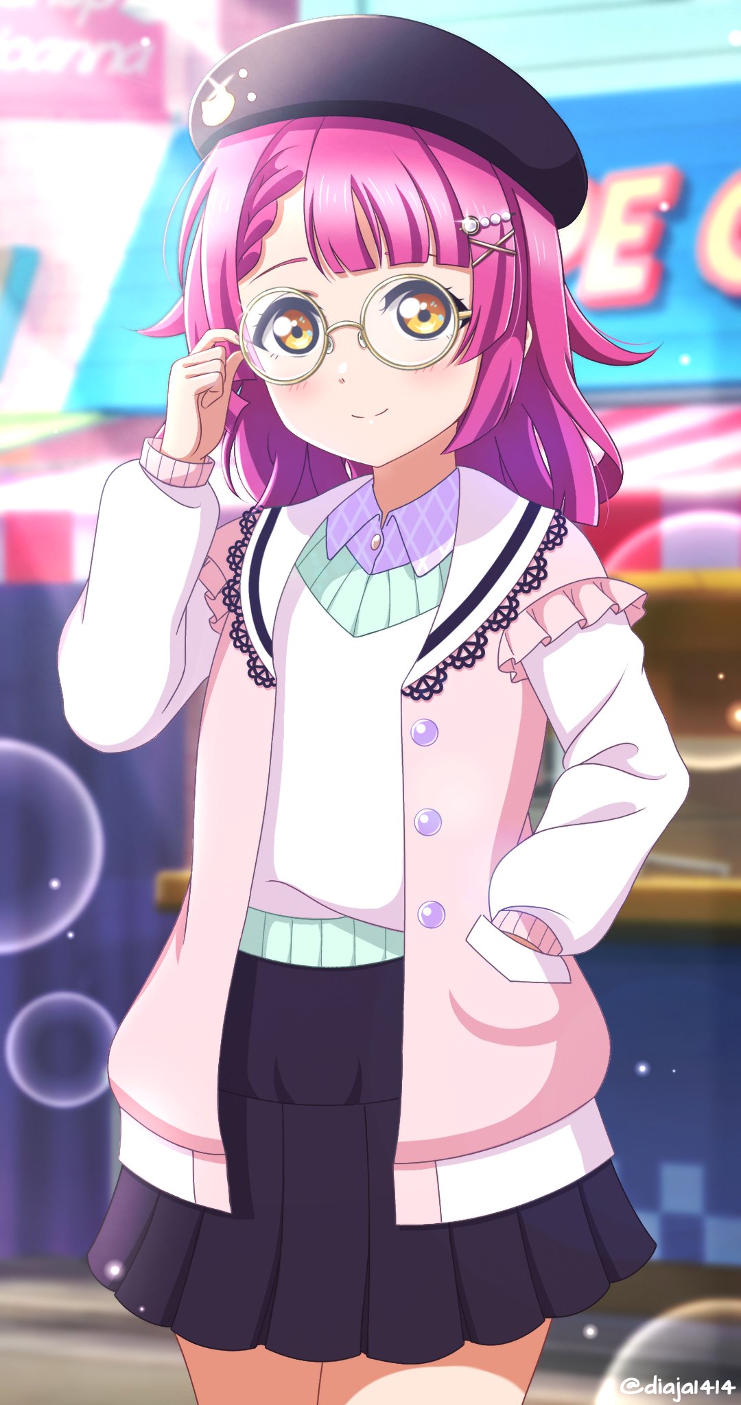 1girl, adjusting_eyewear, bangs, beret, black_headwear, black_skirt, blunt_bangs, blunt_ends