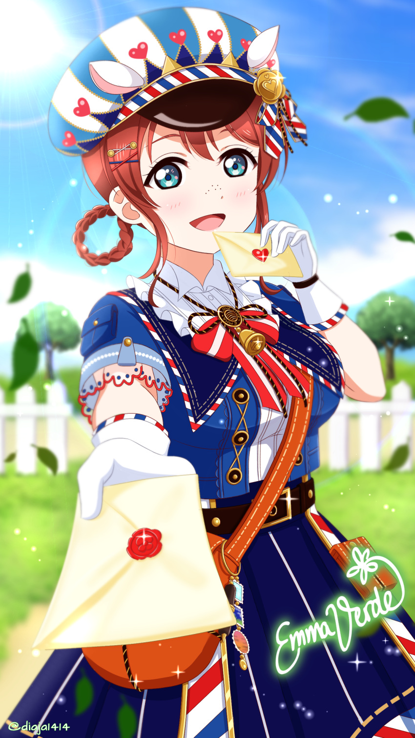 1girl, :d, absurdres, animal_ears, bag, blue_dress, blue_eyes, blue_jacket