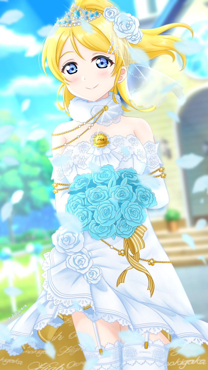 1girl, absurdres, ayase_eli, bare_shoulders, blonde_hair, blue_eyes, blue_flower, blue_rose, blurry, blurry_background, bouquet, brooch, closed_mouth, cursive, day, diaja1414, dress, elbow_gloves, english_commentary, eyebrows_behind_hair, flower, fur_collar, garter_straps, gloves, hair_flower, hair_ornament, highres, holding, holding_bouquet, jewelry, looking_at_viewer, love_live!, love_live!_school_idol_festival_all_stars, love_live!_school_idol_project, official_alternate_costume, outdoors, ponytail, rose, short_dress, short_hair, short_ponytail, single_bang, smile, solo, strapless, strapless_dress, tiara, twitter_username, two-sided_dress, two-sided_fabric, veil, wedding_dress, white_dress, white_flower, white_gloves, white_legwear, white_rose