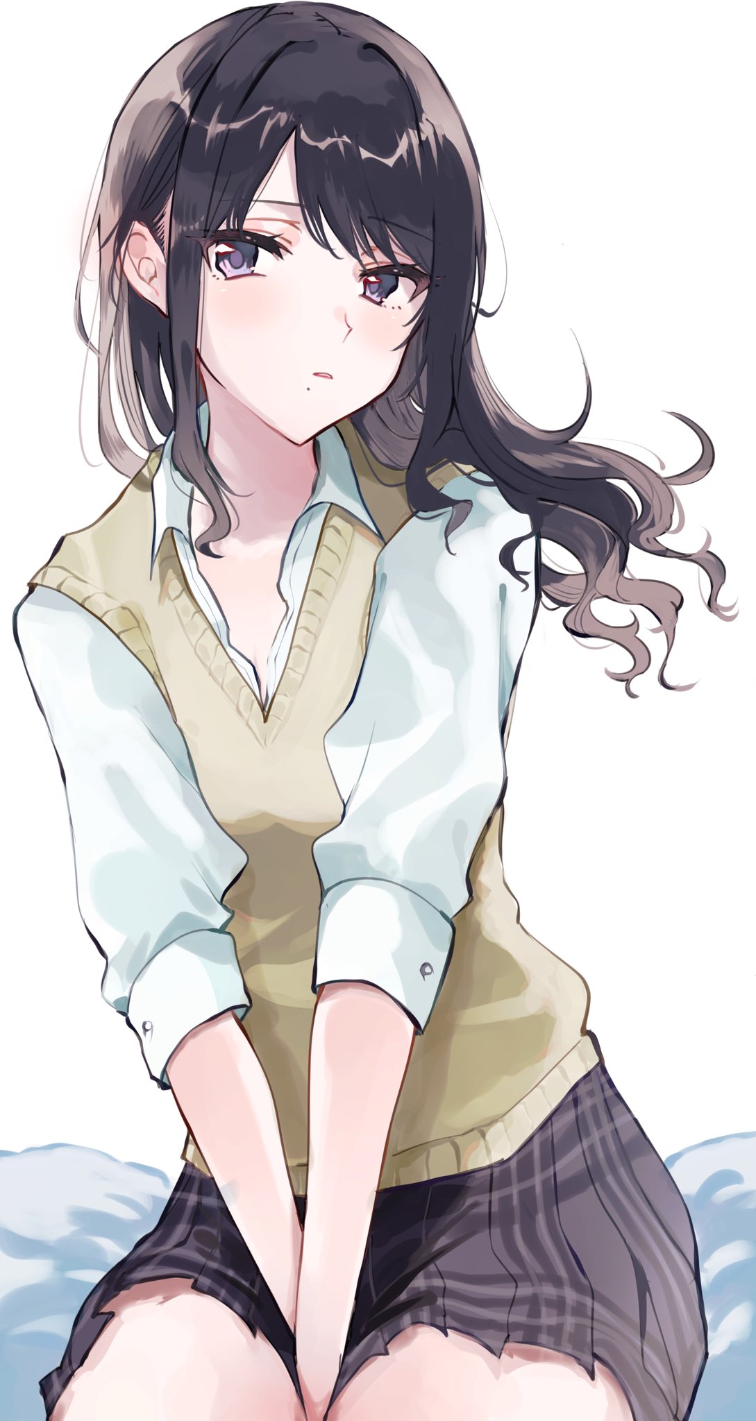 1girl, bangs, between_legs, black_eyes, black_hair, hair_down, hand_between_legs, highres, idolmaster, idolmaster_shiny_colors, kazano_hiori, looking_at_viewer, mole, mole_under_mouth, nasu_bacon, on_bed, plaid, plaid_skirt, pleated_skirt, school_uniform, shirt, sitting, sitting_on_bed, skirt, solo, sweater_vest, swept_bangs, white_background, white_shirt
