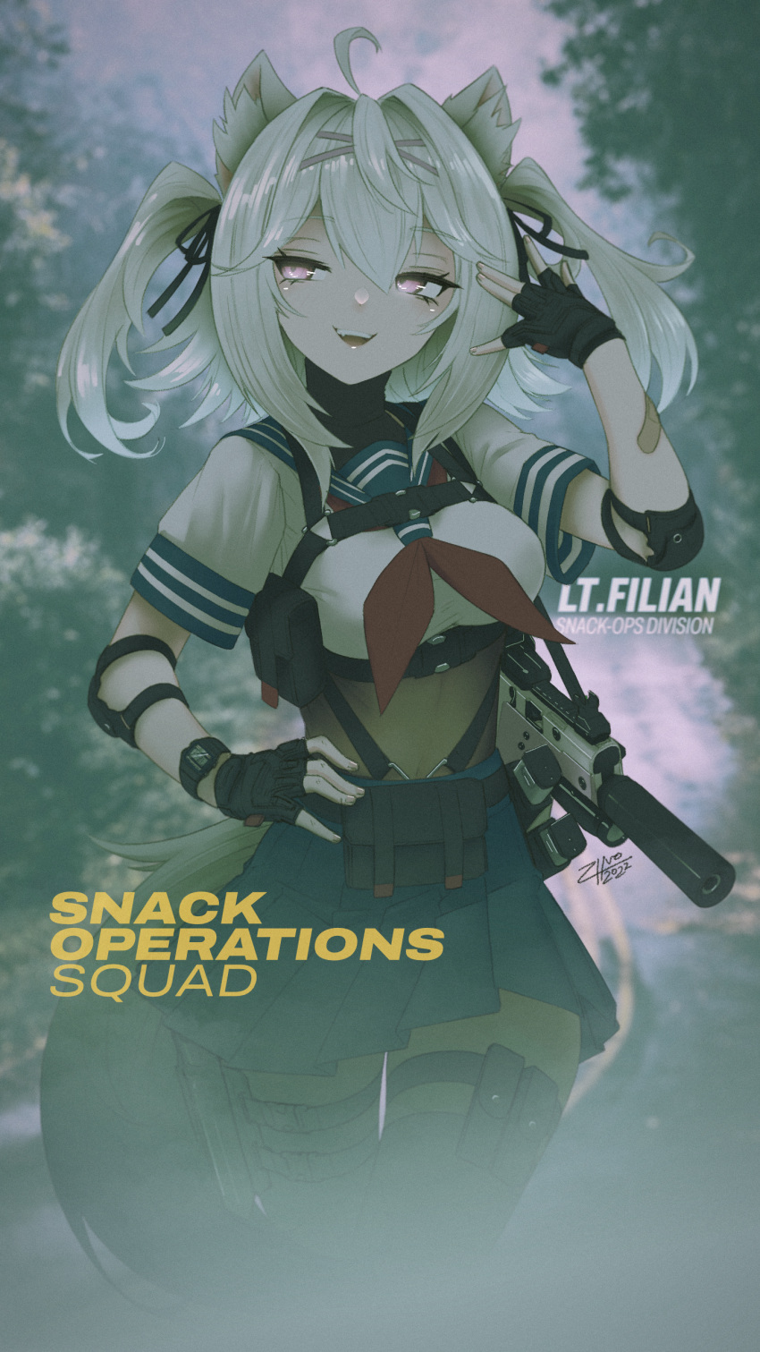 1girl, absurdres, ahoge, animal_ear_fluff, animal_ears, bandaid, bandaid_on_arm, breasts, dated, english_text, eyebrows_visible_through_hair, filian_(vtuber), fingerless_gloves, gloves, gun, highres, indie_virtual_youtuber, looking_to_the_side, midriff, signature, tail, teeth, tongue, upper_teeth, violet_eyes, virtual_youtuber, watch, weapon, weapon_request, zhvo