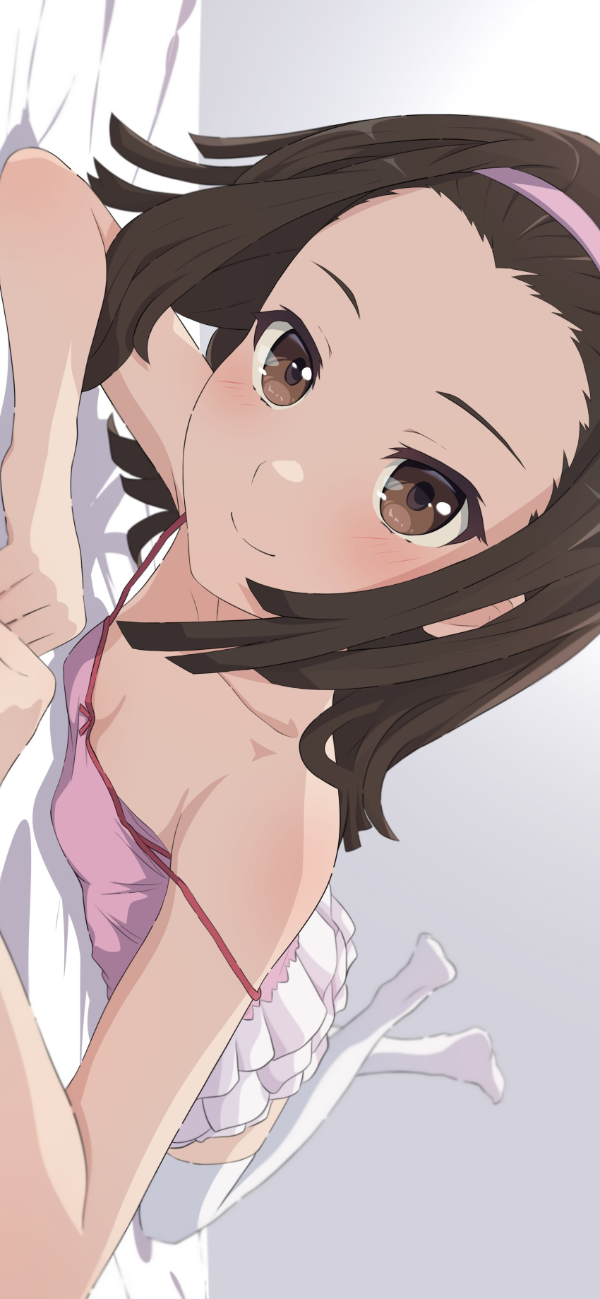 1girl, absurdres, bare_arms, bare_shoulders, blush, breasts, brown_hair, camui1104