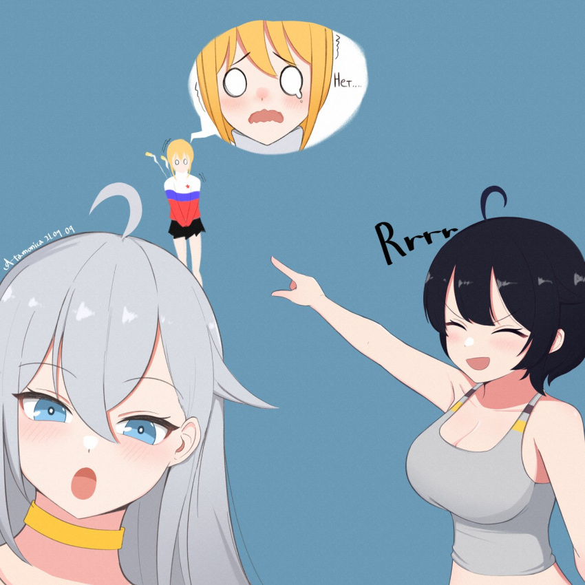 3girls, ^_^, ahoge, aim-120_amraam, aim-9_sidewinder, artist_name, atamonica, black_hair