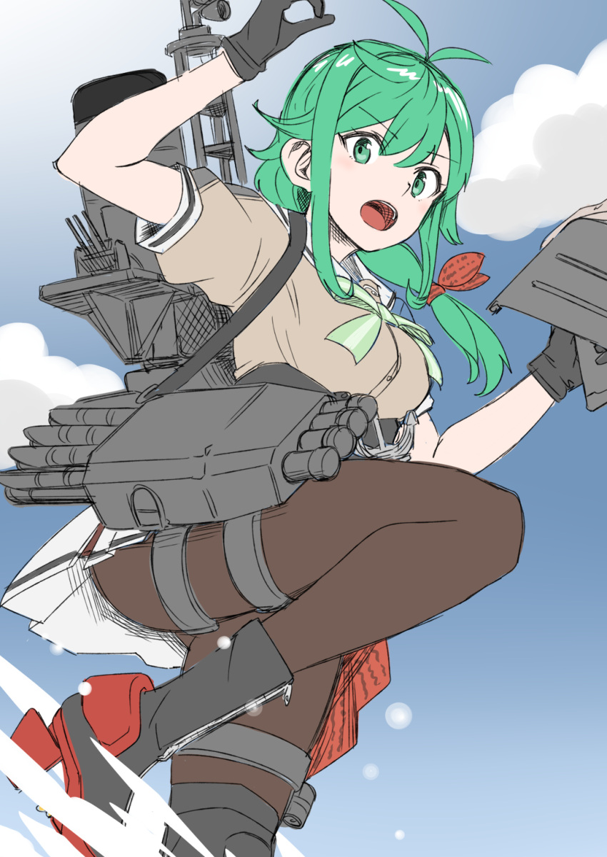 1girl, 30-06, adapted_turret, anchor, antenna_hair, anti-aircraft, anti-aircraft_gun, black_gloves, black_legwear, blue_sky, boots, breasts, cannon, choker, clouds, cloudy_sky, corset, from_below, gloves, green_eyes, green_hair, grey_sailor_collar, grey_skirt, hair_over_shoulder, highres, kantai_collection, knee_pads, long_hair, machinery, matsu_(kancolle), pantyhose, pleated_skirt, radar, sailor_collar, sailor_shirt, school_uniform, serafuku, shirt, single_knee_pad, skirt, sky, smokestack, solo, standing, standing_on_one_leg, torpedo, torpedo_launcher, turret