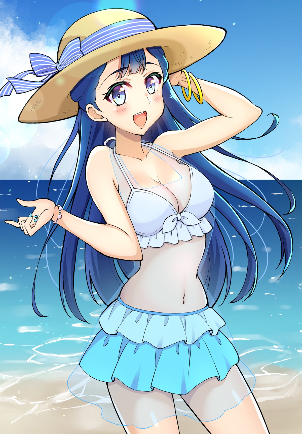 1girl, alternate_breast_size, alternate_costume, beach, bikini, blue_bikini, blue_eyes, blue_hair, blue_sky, bracelet, breasts, clouds, cloudy_sky, collarbone, cowboy_shot, frilled_bikini, frills, hair_bun, hair_ornament, hat, hat_ribbon, highres, hugtto!_precure, jewelry, kaatsukun, looking_at_viewer, medium_breasts, nail_polish, navel, ocean, open_mouth, precure, ribbon, sand, see-through, sky, smile, solo, sun_hat, sunlight, swimsuit, two-tone_bikini, water, white_bikini, yakushiji_saaya