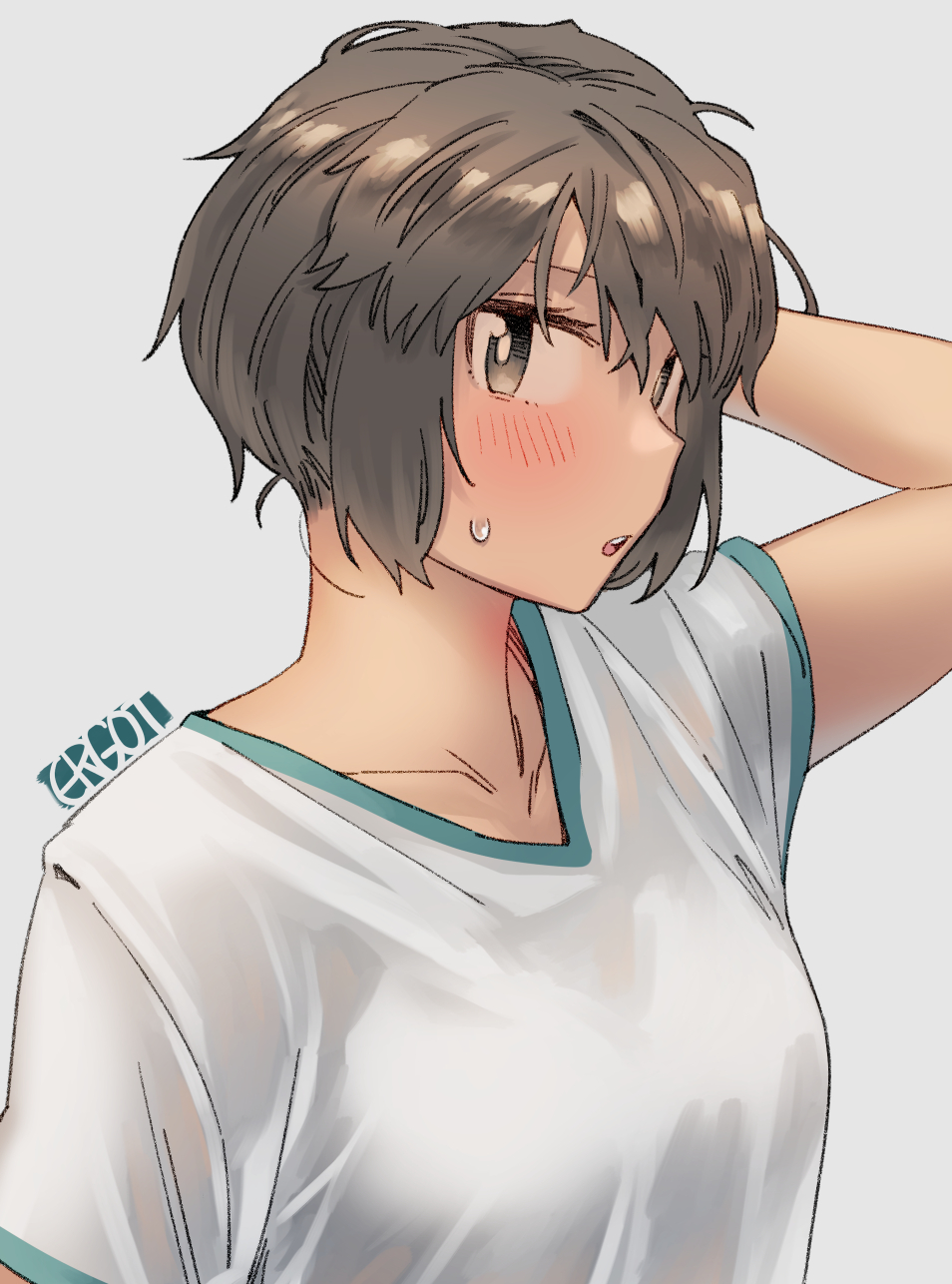 1girl, alternate_costume, arm_behind_head, bangs, blush, breasts, brown_eyes, brown_hair