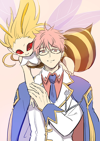 1boy, 1girl, arthropod_girl, bangs, bee_girl, blazer, blue_cape, blue_necktie