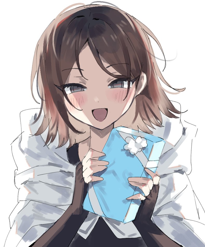 1girl, bangs, black_eyes, black_gloves, blush, box, brown_hair, cape