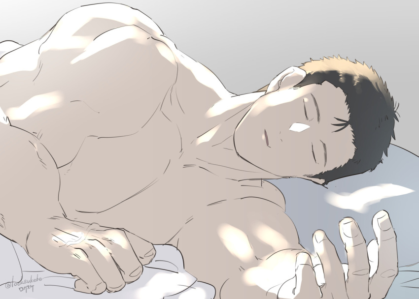 1boy, artist_name, brown_hair, clenched_hand, closed_eyes, collarbone, facing_viewer, gradient