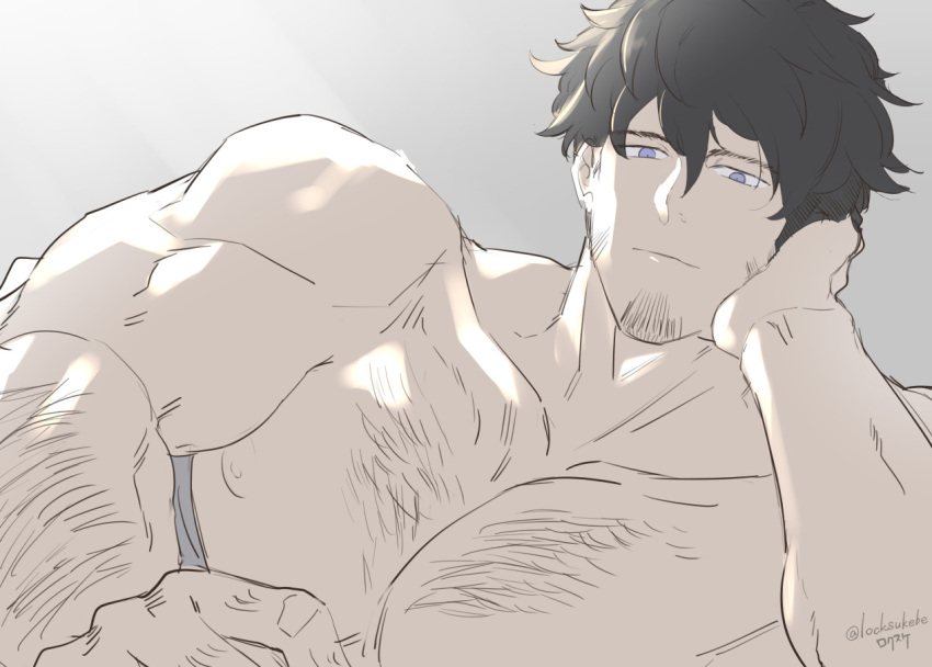 1boy, arm_hair, arm_support, blue_eyes, brown_hair, chest_hair, facial_hair, gradient