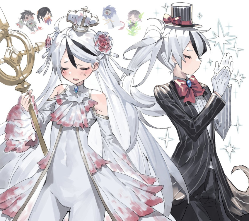 1girl, 3boys, alternate_costume, alternate_hairstyle, bangs, black_coat, black_hair, black_headwear