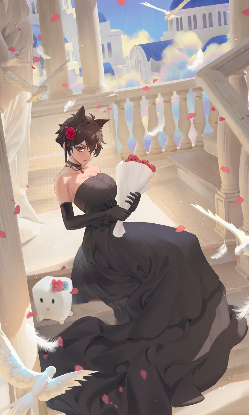 1girl, absurdres, ahoge, animal, animal_ears, bangs, bare_shoulders, bird
