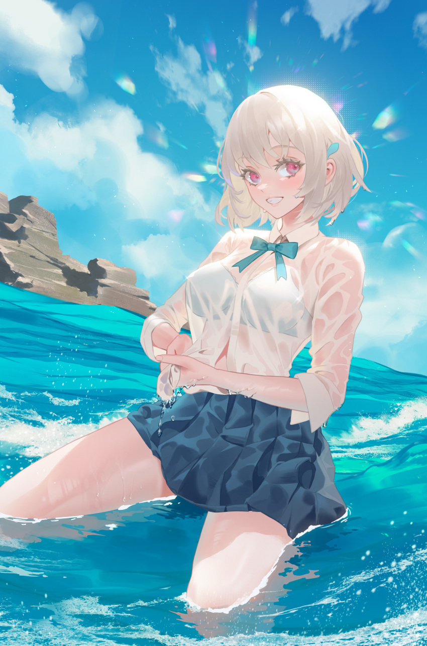 1girl, absurdres, bangs, blue_bow, blue_bowtie, blue_bra, blue_skirt, blue_sky, blush, borrowed_character, bow, bowtie, bra, bra_visible_through_clothes, breasts, cirilla_lin, clouds, collared_shirt, commentary, day, eyebrows_visible_through_hair, grin, hair_ornament, highres, long_sleeves, looking_at_viewer, medium_breasts, nacchan_(ohisashiburi), original, outdoors, pink_eyes, pleated_skirt, see-through, shirt, short_hair, sitting, skirt, sky, smile, solo, underwear, water, wet, wet_clothes, wet_shirt, white_hair, white_shirt, wringing_clothes