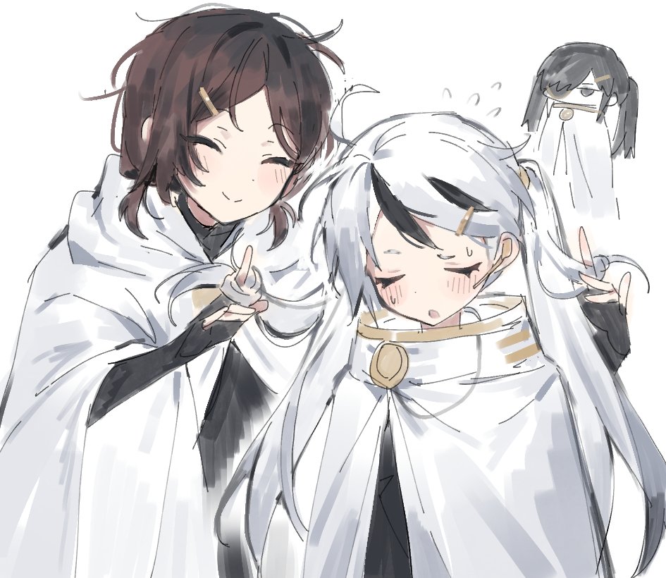 1girl, 2boys, alternate_hairstyle, bangs, black_gloves, black_hair, black_jacket, blush