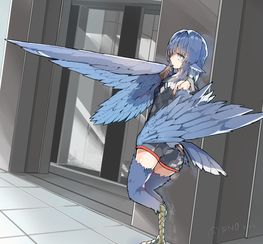 1girl, animal_ears, bare_shoulders, bird_ears, bird_legs, bird_tail, blue_feathers, blue_hair, blue_wings, drinking, feathered_wings, feathers, grey_eyes, harpy, juice_box, long_hair, looking_at_viewer, looking_back, miura_(rnd.jpg), monster_girl, original, rnd.jpg, solo, tail, twitter_username, winged_arms, wings