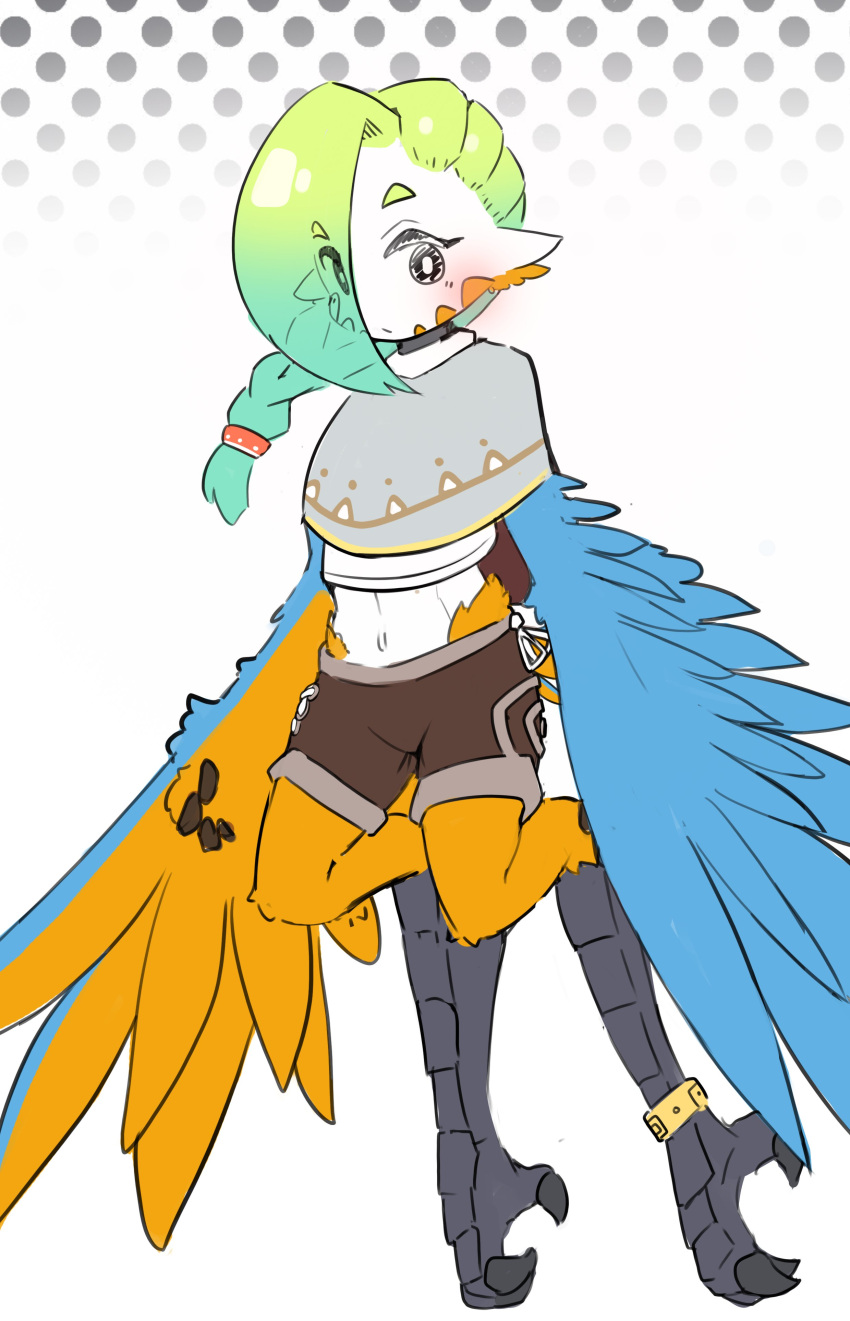 1girl, absurdres, anklet, bangs, bird_legs, blue_feathers, blush, braid