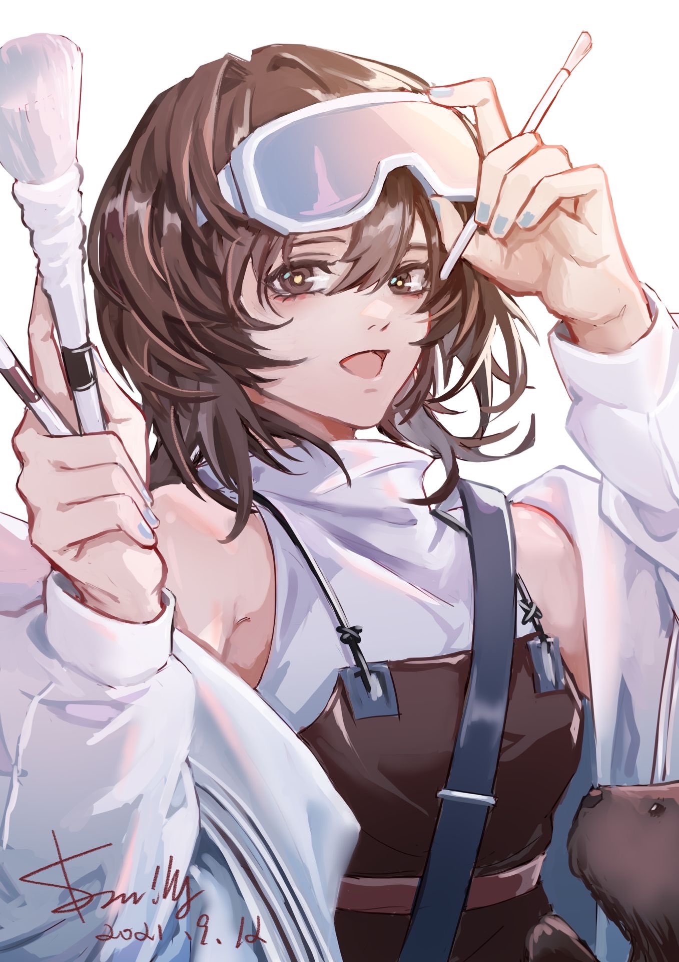 1girl, :d, adjusting_goggles, animal, arknights, artist_name, bare_shoulders, blue_nails