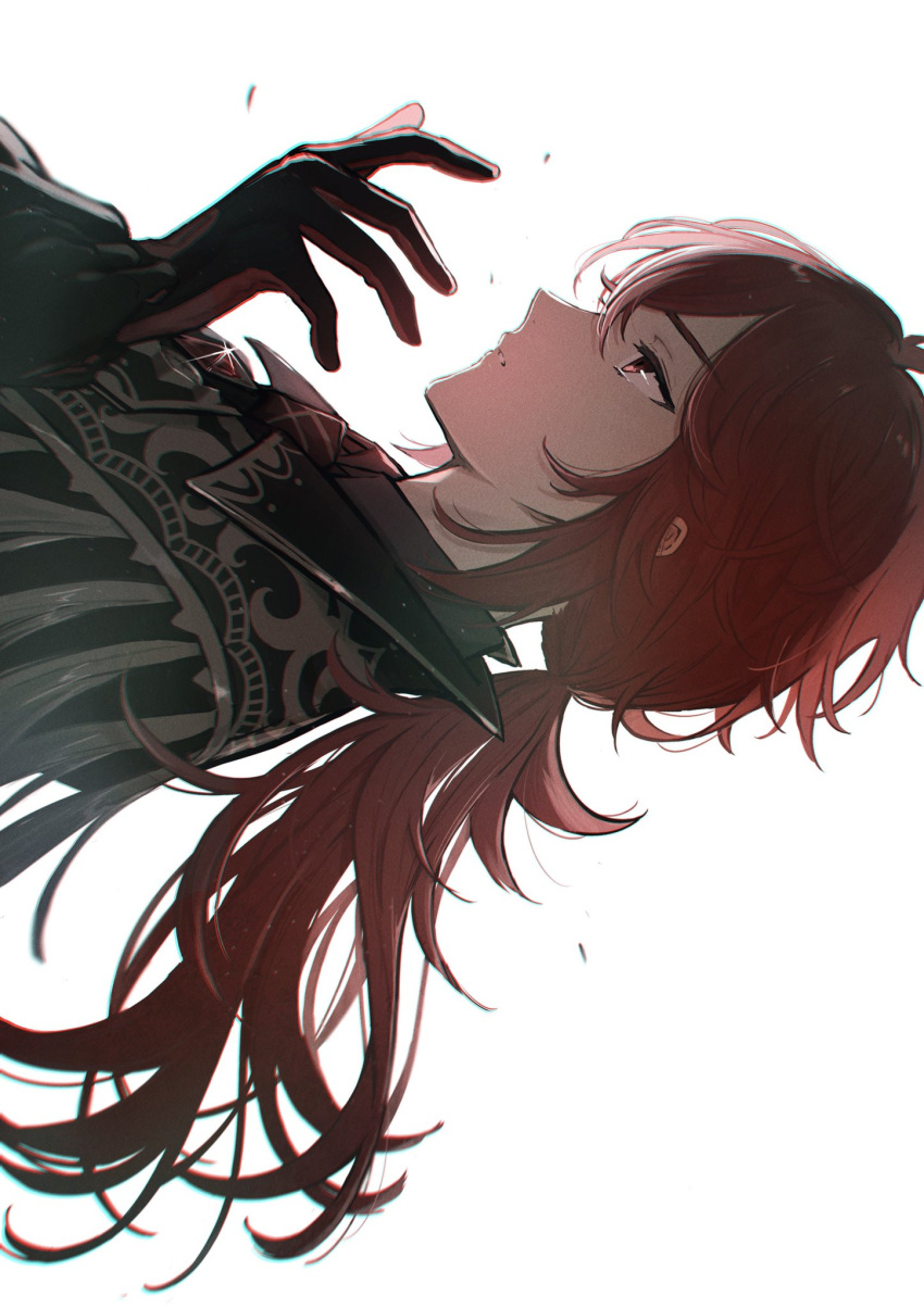 1boy, adjusting_clothes, adjusting_gloves, bangs, black_coat, coat, commentary_request, diluc_(genshin_impact)