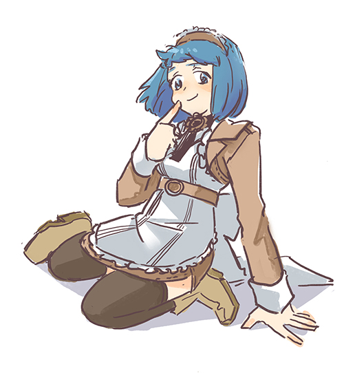 1girl, alty_(ragnarok_online), apron, bangs, black_legwear, blue_eyes, blue_hair, blush, breasts, brown_dress, closed_mouth, commentary_request, dress, full_body, kafra_uniform, long_sleeves, looking_at_viewer, maid, maid_headdress, medium_breasts, ragnarok_online, short_hair, simple_background, sitting, smile, solo, thigh-highs, white_apron, white_background, zhi_xie