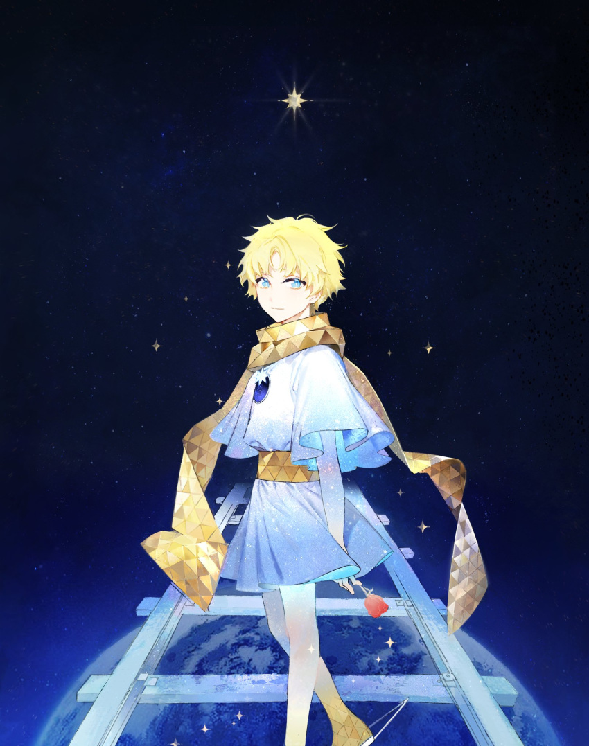 1boy, baggy_clothes, bangs, blonde_hair, blue_eyes, commentary, earth_(planet), fate/grand_order
