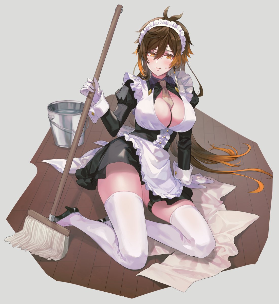 1girl, alternate_costume, apron, bangs, black_dress, black_footwear, blush, breasts, brown_hair, bucket, closed_mouth, dress, enmaided, floor, frilled_apron, frills, full_body, genderswap, genderswap_(mtf), genshin_impact, gloves, gradient_hair, hair_between_eyes, high_heels, highres, holding, holding_mop, large_breasts, long_hair, long_sleeves, looking_at_viewer, maid, maid_headdress, mop, multicolored_hair, necktie, on_floor, orange_eyes, orange_hair, ritsu_(re710pngn), sitting, solo, sweat, thigh-highs, very_long_hair, white_apron, white_gloves, white_legwear, zhongli_(genshin_impact)
