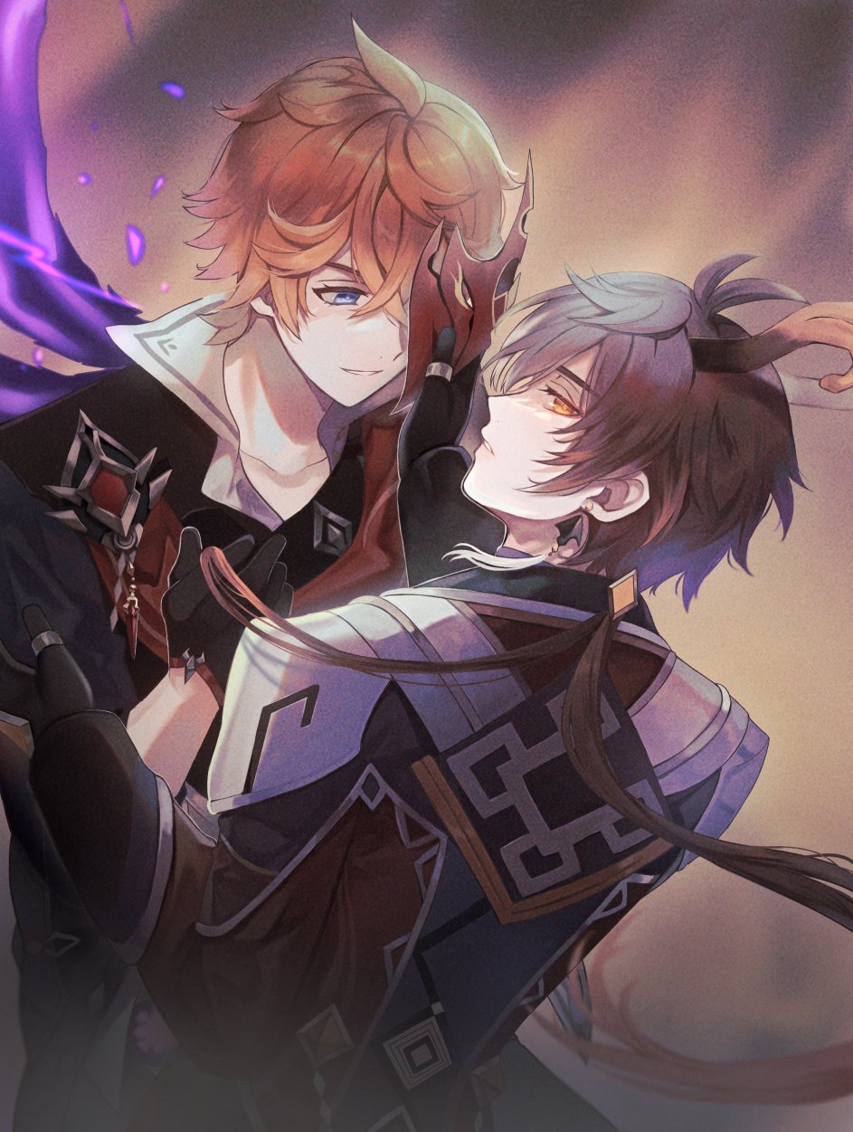 2boys, bangs, black_gloves, blue_eyes, brown_hair, coat, crossed_bangs, dragon_horns