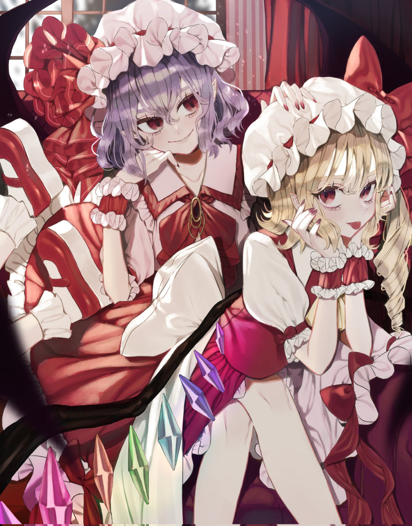 2girls, :p, bat_wings, blonde_hair, blush, bobby_socks, bow, brooch, closed_mouth, collared_shirt, commentary, couch, crystal, drill_hair, eyebrows_behind_hair, fingernails, flandre_scarlet, frilled_shirt_collar, frilled_skirt, frills, hair_ornament, hand_on_another's_head, hat, hat_bow, hat_ribbon, head_rest, highres, jewelry, looking_at_another, looking_at_viewer, lying_on_lap, mary_janes, medium_hair, mob_cap, multiple_girls, on_couch, one_side_up, pink_shirt, puffy_short_sleeves, puffy_sleeves, purple_hair, red_bow, red_eyes, red_footwear, red_nails, red_ribbon, red_skirt, red_vest, remilia_scarlet, ribbon, shirt, shoes, short_sleeves, siblings, sisters, sitting, skirt, skirt_set, smile, socks, tongue, tongue_out, touhou, vest, waist_bow, white_bow, white_headwear, white_legwear, white_shirt, wings, wrist_cuffs, zabu_rou