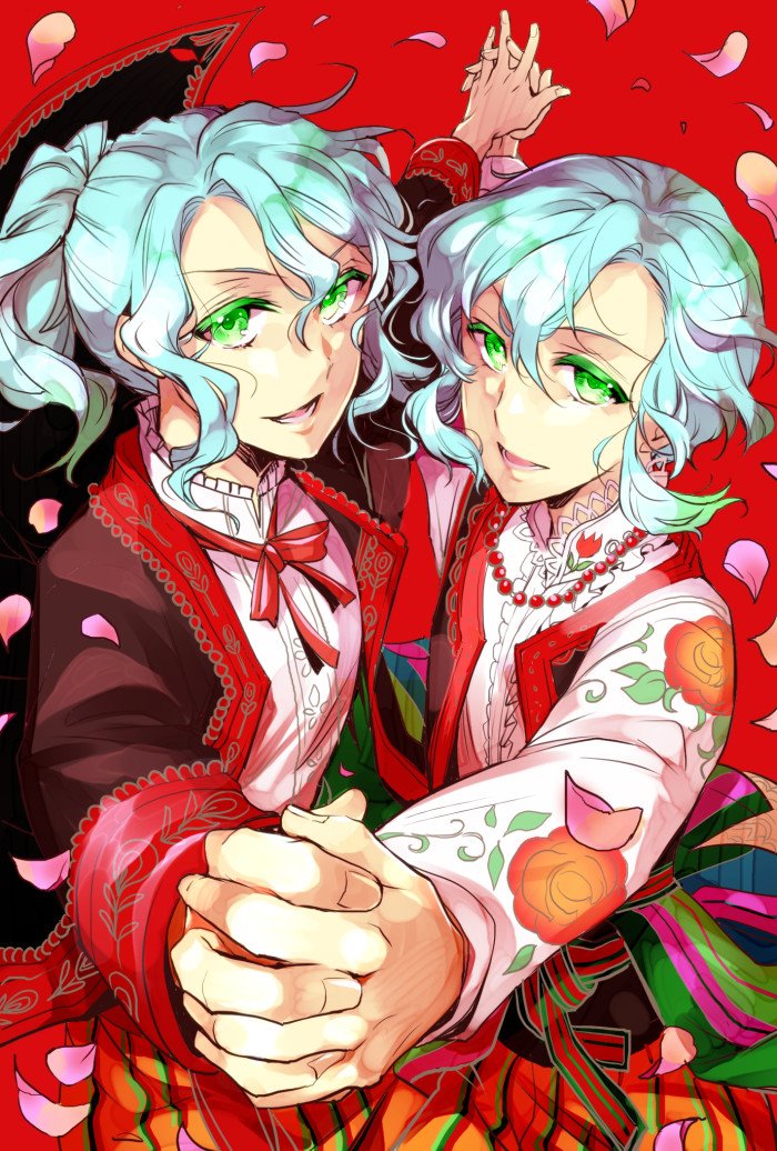 2boys, :d, akai_higasa, bangs, bead_necklace, beads, brown_jacket, brown_vest