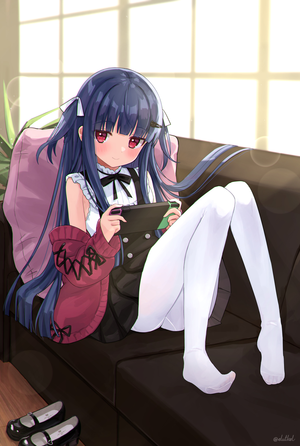 1girl, bangs, black_footwear, black_skirt, blunt_bangs, blunt_ends, blush, book