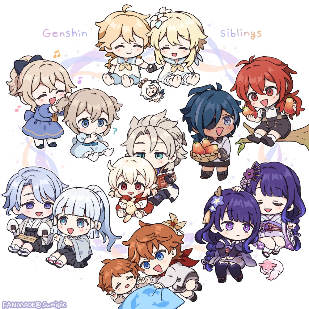 6+boys, 6+girls, :d, ?, ^_^, adjusting_another's_hair, aether_(genshin_impact), aged_down