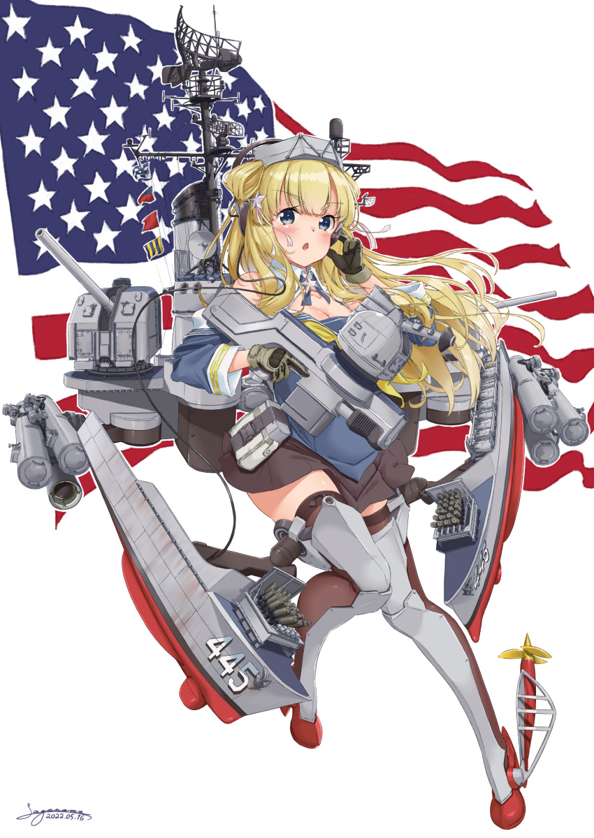 1girl, absurdres, american_flag, black_legwear, black_skirt, blonde_hair, blue_eyes, blue_shirt