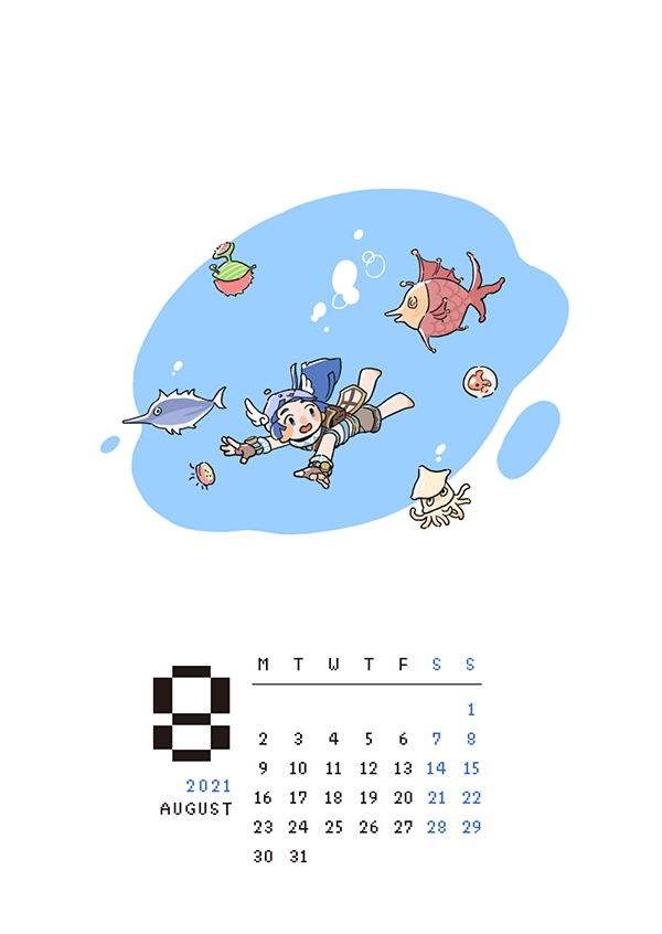 1girl, 2021, archangeling, august, backpack, bag, blue_eyes, blue_hair, brown_bag, brown_shorts, bubble, calendar_(medium), chibi, commentary_request, deviace, fish, full_body, long_hair, marine_sphere, marse_(ragnarok_online), open_mouth, phen_(ragnarok_online), plankton_(ragnarok_online), ragnarok_online, shirt, shorts, sleeveless, sleeveless_shirt, squid, super_novice_(ragnarok_online), swimming, swordfish, swordfish_(ragnarok_online), water, white_background, white_shirt, zhi_xie