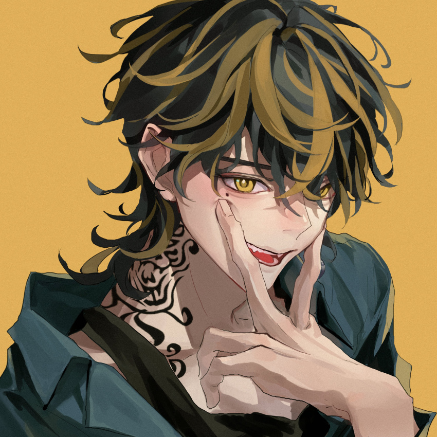 1boy, absurdres, black_hair, fang, hand_on_own_face, hanemiya_kazutora, highres, looking_at_viewer