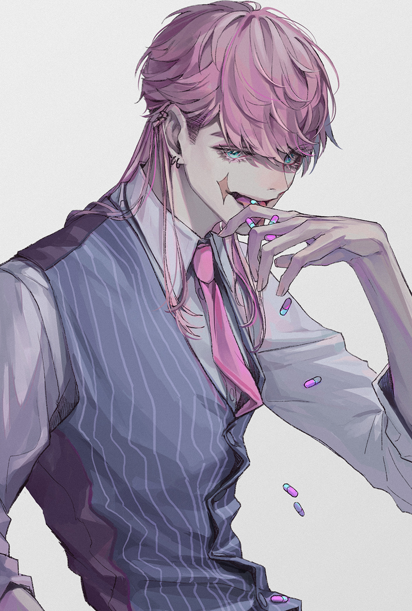 1boy, bangs, blue_eyes, ear_piercing, formal, highres, looking_at_viewer, male_focus