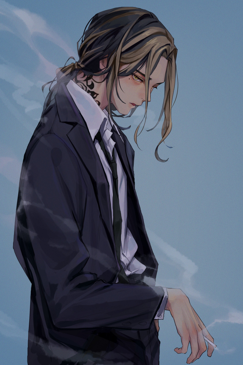 1boy, absurdres, black_hair, cigarette, formal, hanemiya_kazutora, highres, holding
