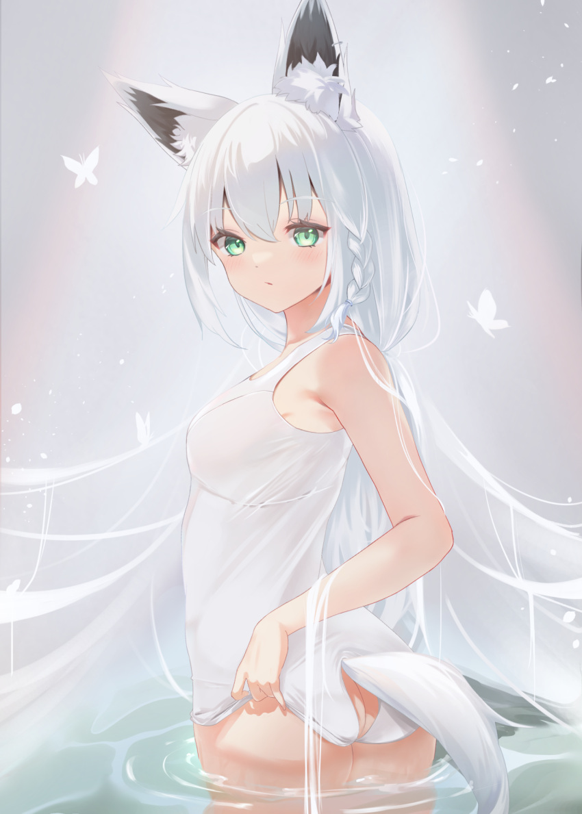 1girl, animal_ear_fluff, animal_ears, ass, bangs, bare_arms, braid, breasts