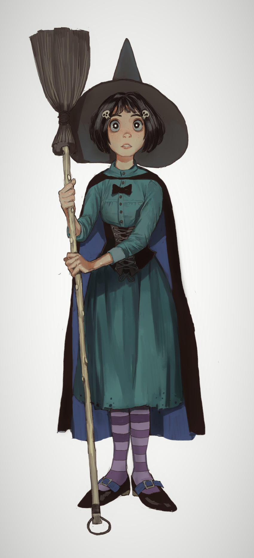 1girl, absurdres, black_bow, black_bowtie, black_cape, black_eyes, black_hair, black_sheos, blue_dress, bow, bowtie, bright_pupils, broom, cape, corset, dress, full_body, hair_ornament, hat, highres, holding, holding_broom, long_sleeves, looking_at_viewer, mossacannibalis, original, pantyhose, parted_lips, purple_legwear, shoes, short_hair, simple_background, skull_hair_ornament, solo, standing, striped, striped_legwear, two-sided_cape, two-sided_fabric, white_background, white_pupils, wide-eyed, witch, witch_hat