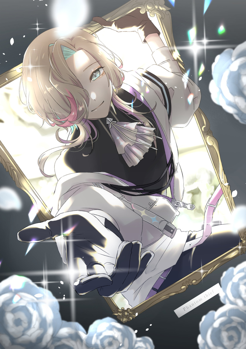 1boy, absurdres, aqua_eyes, aqua_hair, ascot, backlighting, beckoning, belt