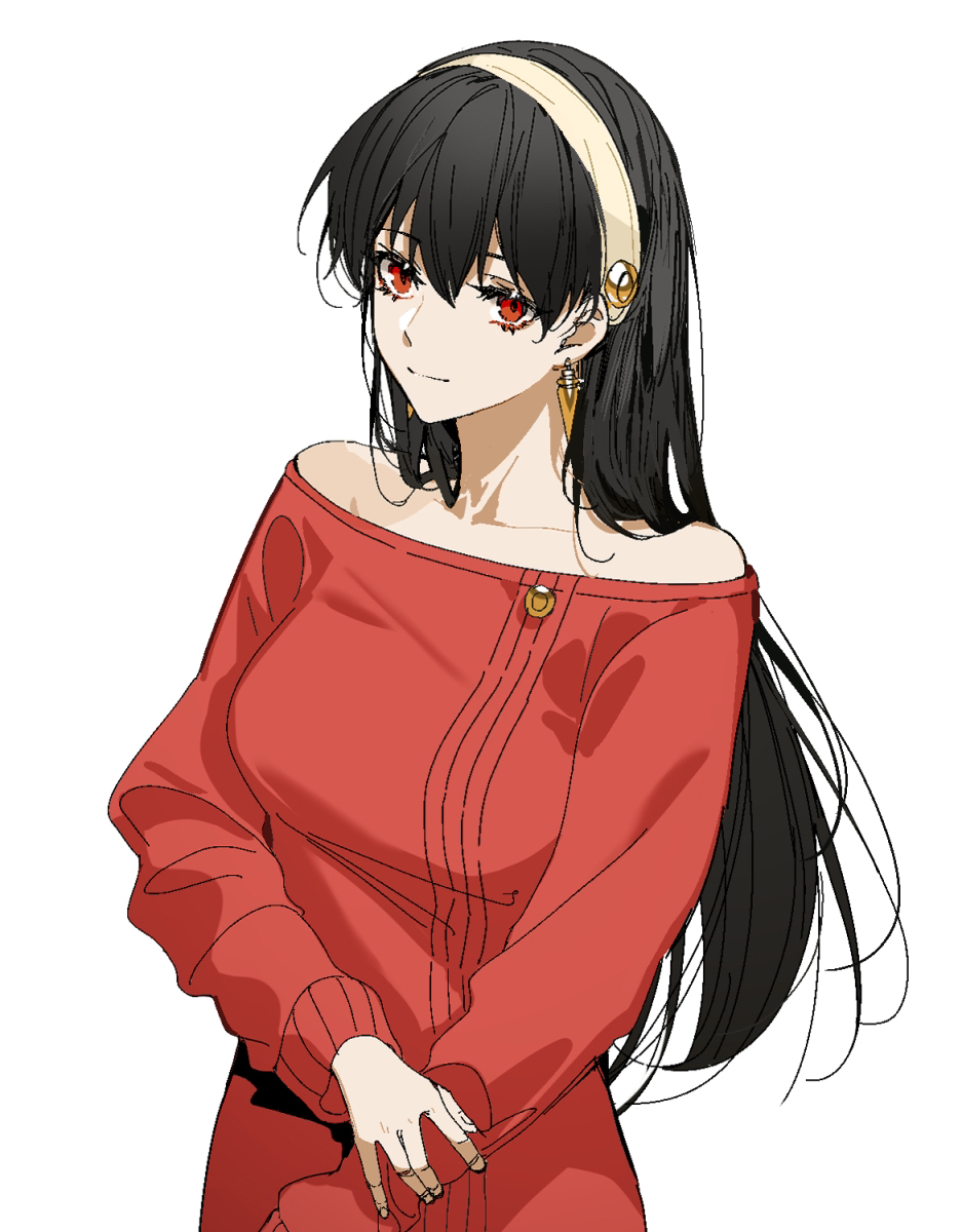 1girl, arlizi, black_hair, breasts, closed_mouth, dress, earrings, hair_down