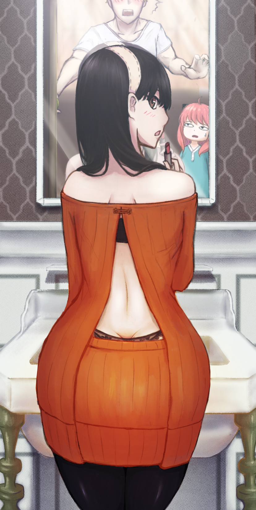 1boy, 2girls, :o, anya_(spy_x_family), ass, back, backless_dress, backless_outfit, black_bra, black_legwear, black_panties, blush, bra, butt_crack, cosmetics, dress, from_behind, head_out_of_frame, hetero, highres, lipstick_tube, long_sleeves, looking_at_viewer, looking_back, lulala615, mirror, multiple_girls, off-shoulder_dress, off_shoulder, open_mouth, pajamas, panties, panty_peek, pantyhose, red_dress, reflection, shirt, sink, spy_x_family, standing, surprised, sweatdrop, twilight_(spy_x_family), underwear, white_shirt, yor_briar