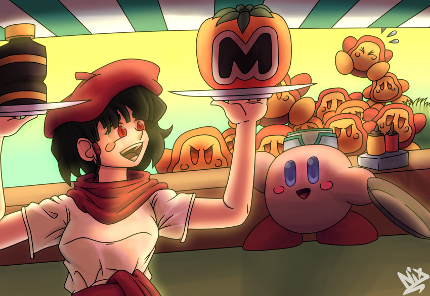 arms_up, beret, blush, brown_eyes, brown_hair, food, group_picture, hair_ornament, handkerchief, happy, hat, highres, kirby, kirby_(series), maria_del_carmen, nix_manga, open_mouth, original, red_eyes, red_headwear, shirt, short_hair, short_sleeves, virtual_youtuber, waddle_dee, waving