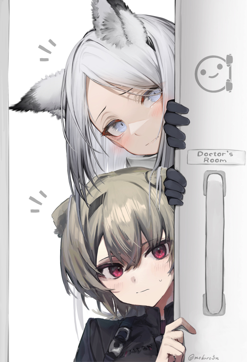 2girls, absinthe_(arknights), absurdres, animal_ears, arknights, bear_ears, black_gloves, black_shirt, blue_eyes, blush, brown_hair, collaboration, door_handle, english_text, gloves, grey_hair, hair_between_eyes, heavyrain_(arknights), highres, horse_ears, long_hair, looking_at_viewer, mokuro3m, multiple_girls, notice_lines, peeking, red_eyes, shirt, short_hair, tab_head, twitter_username