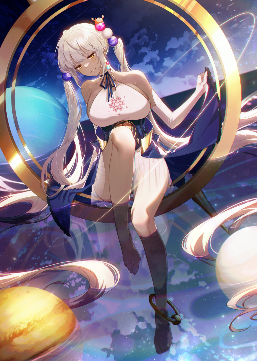 1girl, absurdly_long_hair, absurdres, anklet, bangs, bare_legs, bare_shoulders, barefoot, binishu, blue_ribbon, blue_skirt, breasts, clouds, elbow_gloves, full_body, gloves, hair_ornament, halterneck, high-waist_skirt, highres, hololive, hololive_english, huge_breasts, jewelry, kaniko_(tsukumo_sana), long_hair, looking_away, neck_ribbon, o-ring, o-ring_top, parted_lips, planet, ribbon, shirt, sideboob, sitting, skirt, smile, soaking_feet, solo, tsukumo_sana, twintails, very_long_hair, virtual_youtuber, water, wet, white_gloves, white_shirt, yellow_eyes