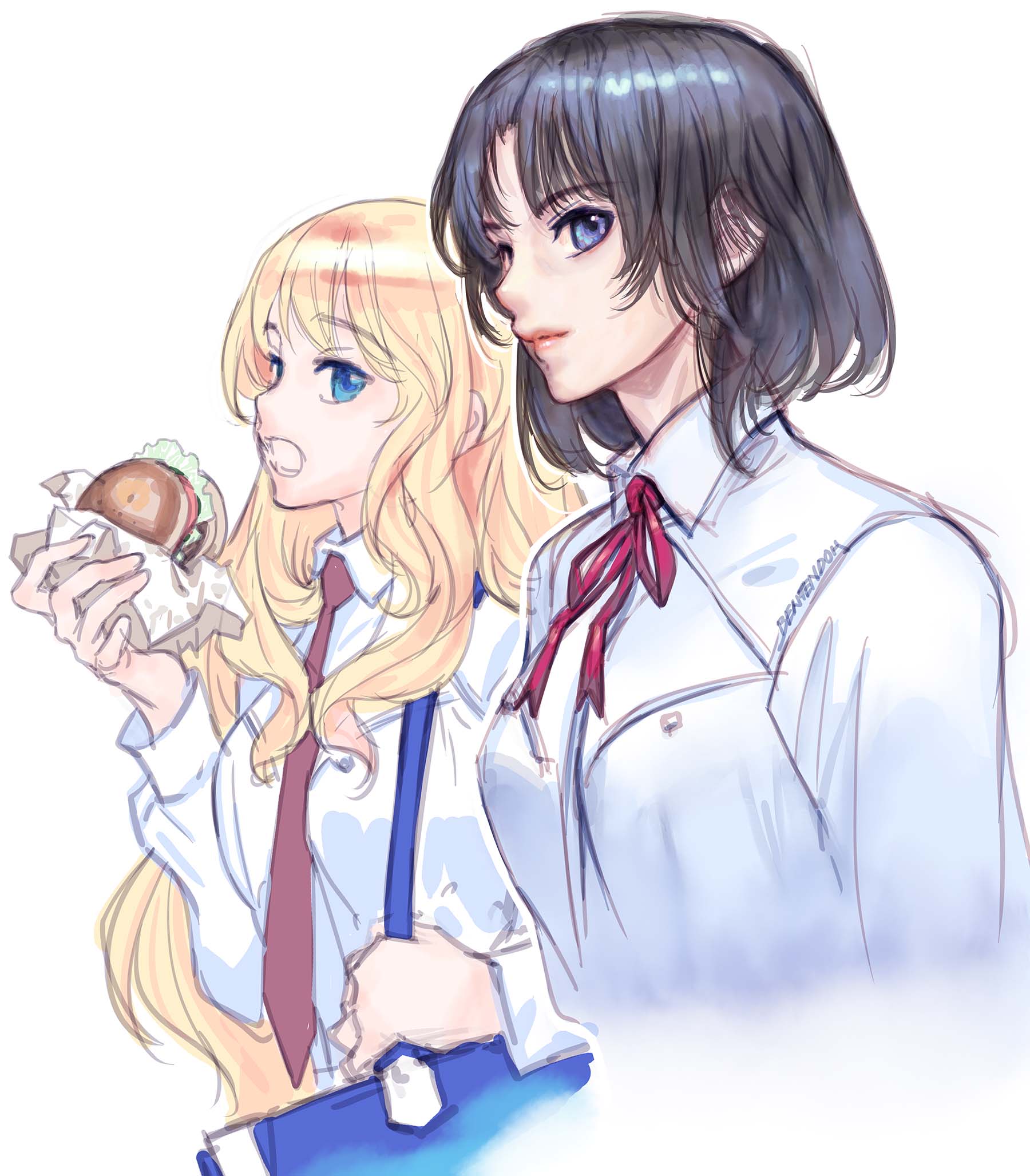 2girls, bag, bangs, blonde_hair, breasts, burger, eyebrows_visible_through_hair, food