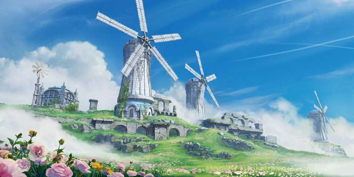 arch, architecture, building, clouds, commentary_request, english_commentary, fantasy, flower, fog, grass, mixed-language_commentary, moss, no_humans, original, outdoors, scenery, sky, tenca_arts, tower, windmill